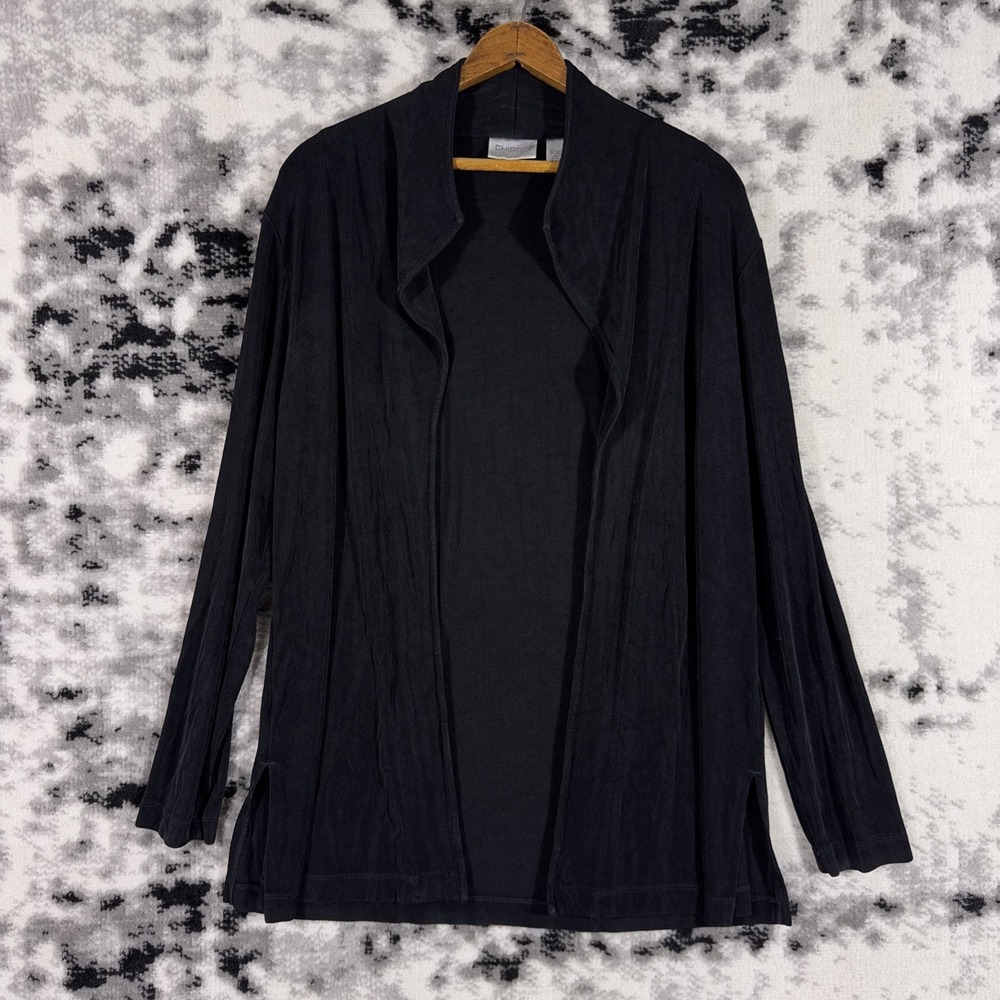 Chicos Travelers Slinky Cardigan Womens Medium 1‎ Black Stretch Casual Comfort